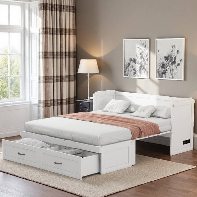 Queen Size Solid Wood Murphy Bed with USB Charging Ports, Large Storage Drawers, Metal Handles, Space-Saving Design