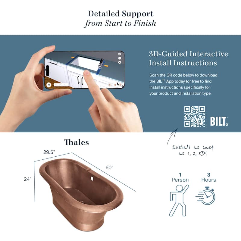Thales 5' Copper Freestanding Bathtub with Overflow (2 Faucet Holes)