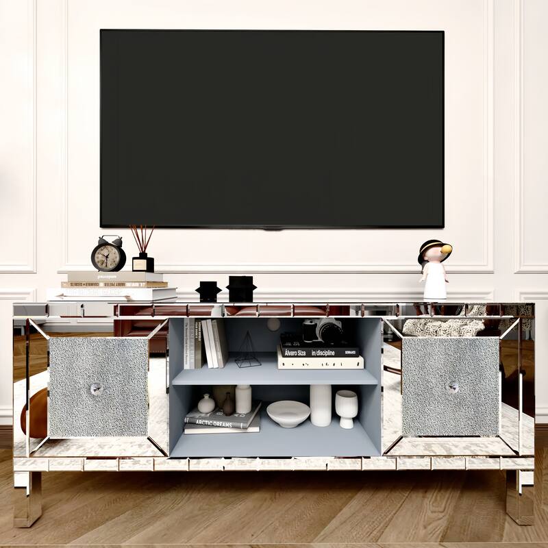 60" Mirrored TV Stand with Crushed Diamond Glass Doors, Adjustable Storage TV Console Table for 65-Inch TV - Silver