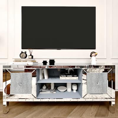 60" Mirrored TV Stand with Crushed Diamond Glass Doors, Adjustable Storage TV Console Table for 65-Inch TV