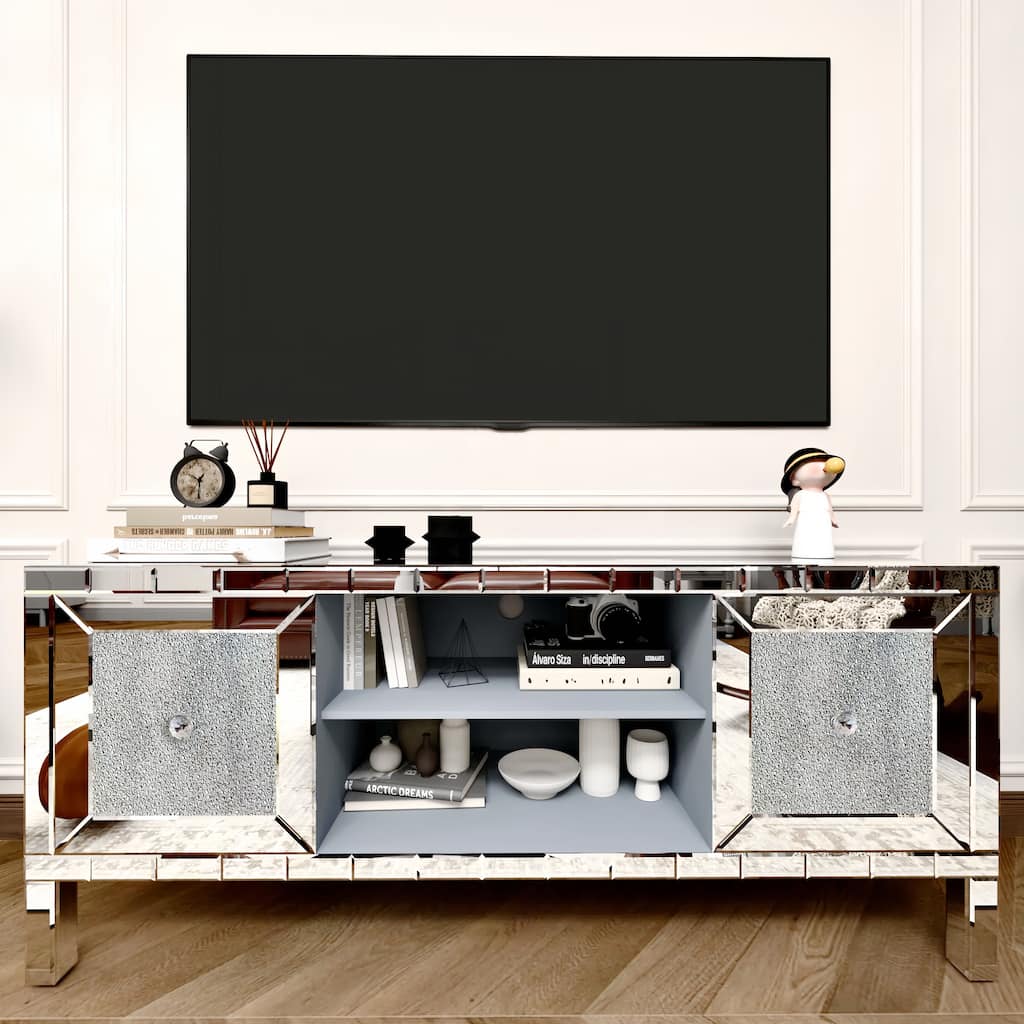 Mirrored TV Console Table with Crushed Diamond Glass Doors