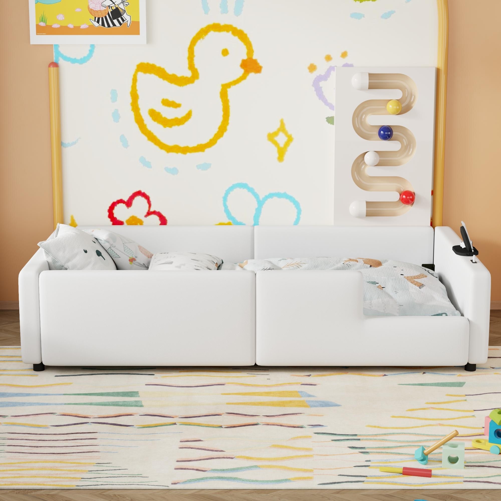 Twin Size Upholstered Platform Bed with Guardrail