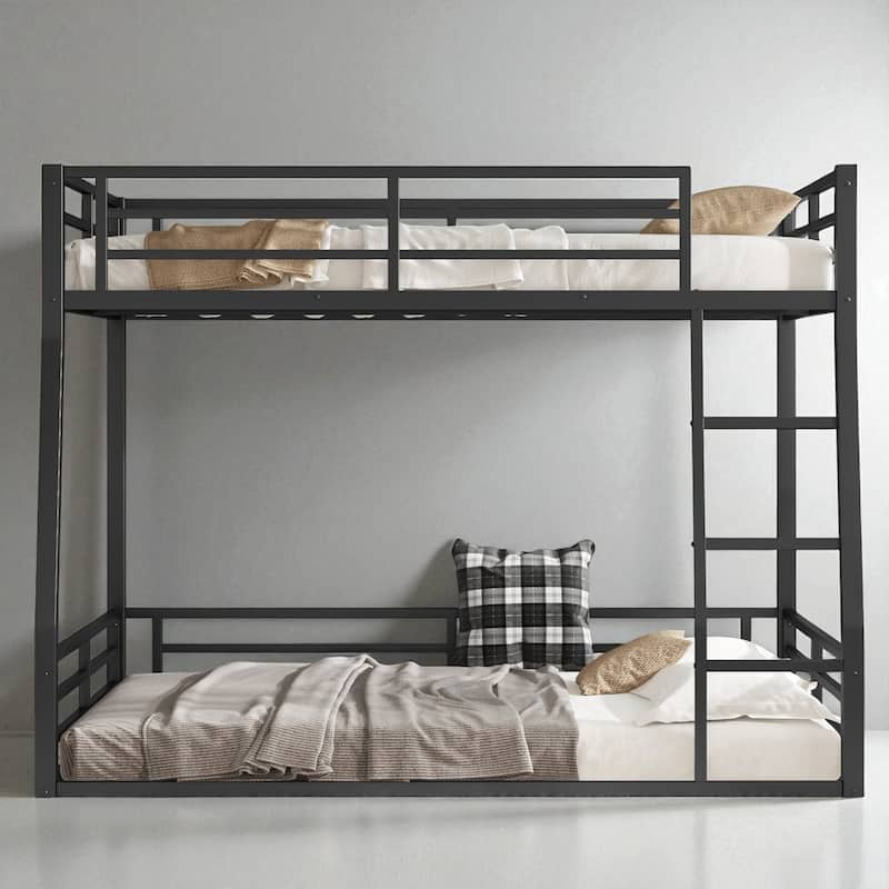 Metal Bunk Bed Twin XL/Full XL/Queen Over Queen, Heavy-Duty Low Bunk Frame with Guardrails and Quiet Design