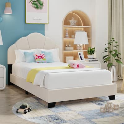 Twin Velvet Upholstered Platform Bed with Shell Headboard