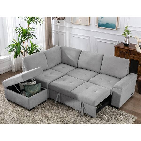 LShape Corner Sleeper Sectional Sofa w/ Storage Ottoman & USB Charge