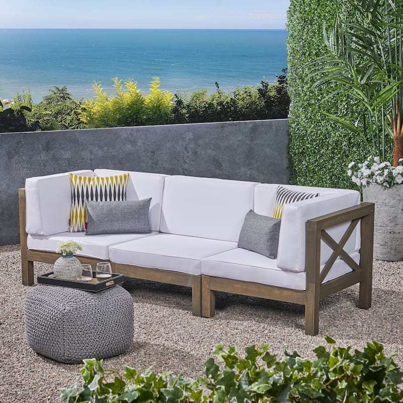 Brava Outdoor Cushioned Acacia Wood Sofa by Christopher Knight Home