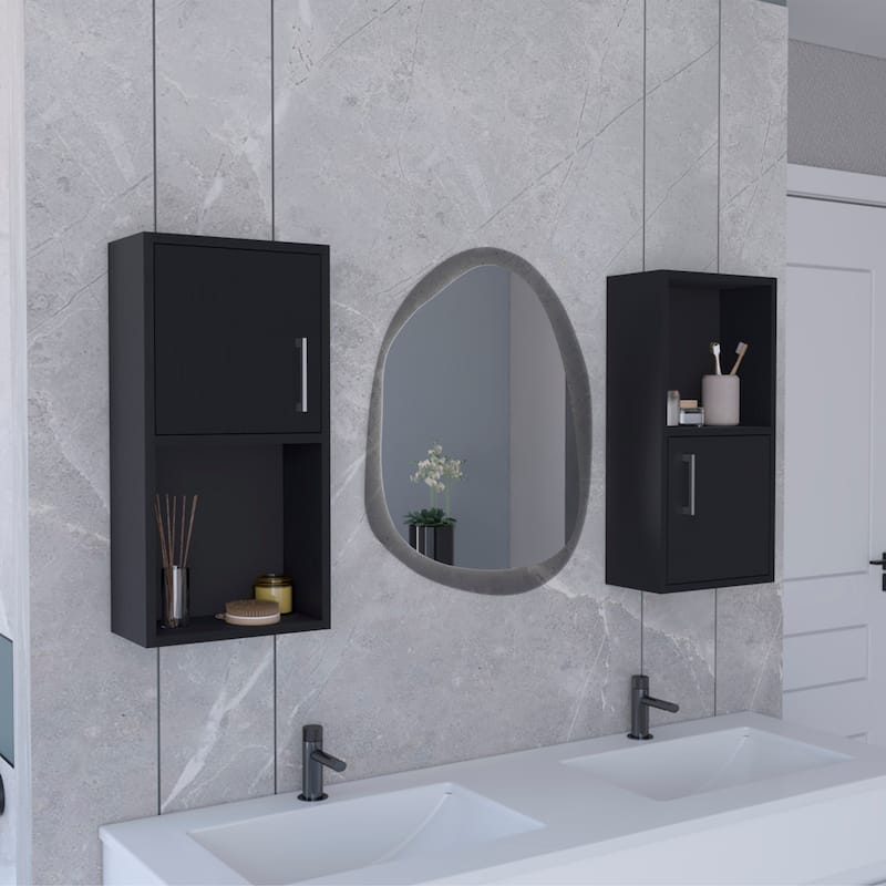 2-PC Wall-Mounted Bathroom Medicine Cabinet with Open and Closed Storage - Black