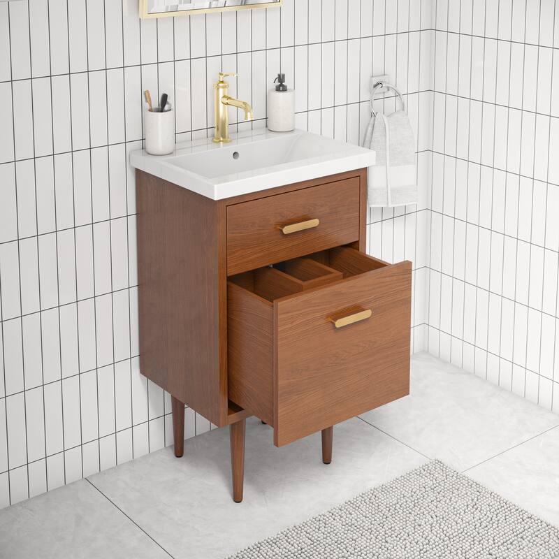 Brandy Integrated Ceramic Sink Top Vanity in Honey Walnut with Satin Gold Single Faucet
