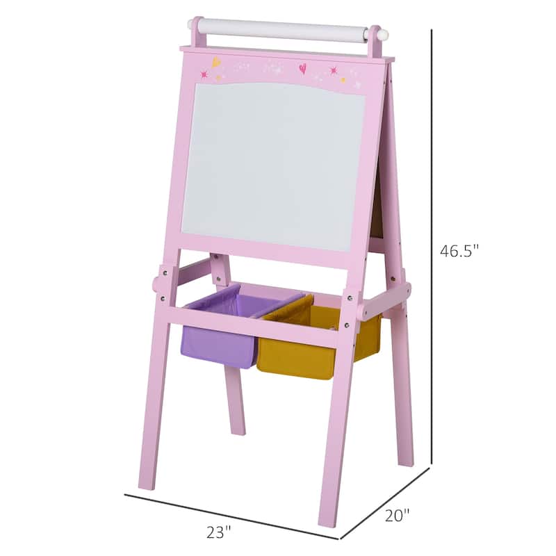 Qaba 3 In 1 Kids Wooden Art Easel with Paper Double-Sided Chalkboard & Whiteboard with Storage for Age 3 Years+, Pink