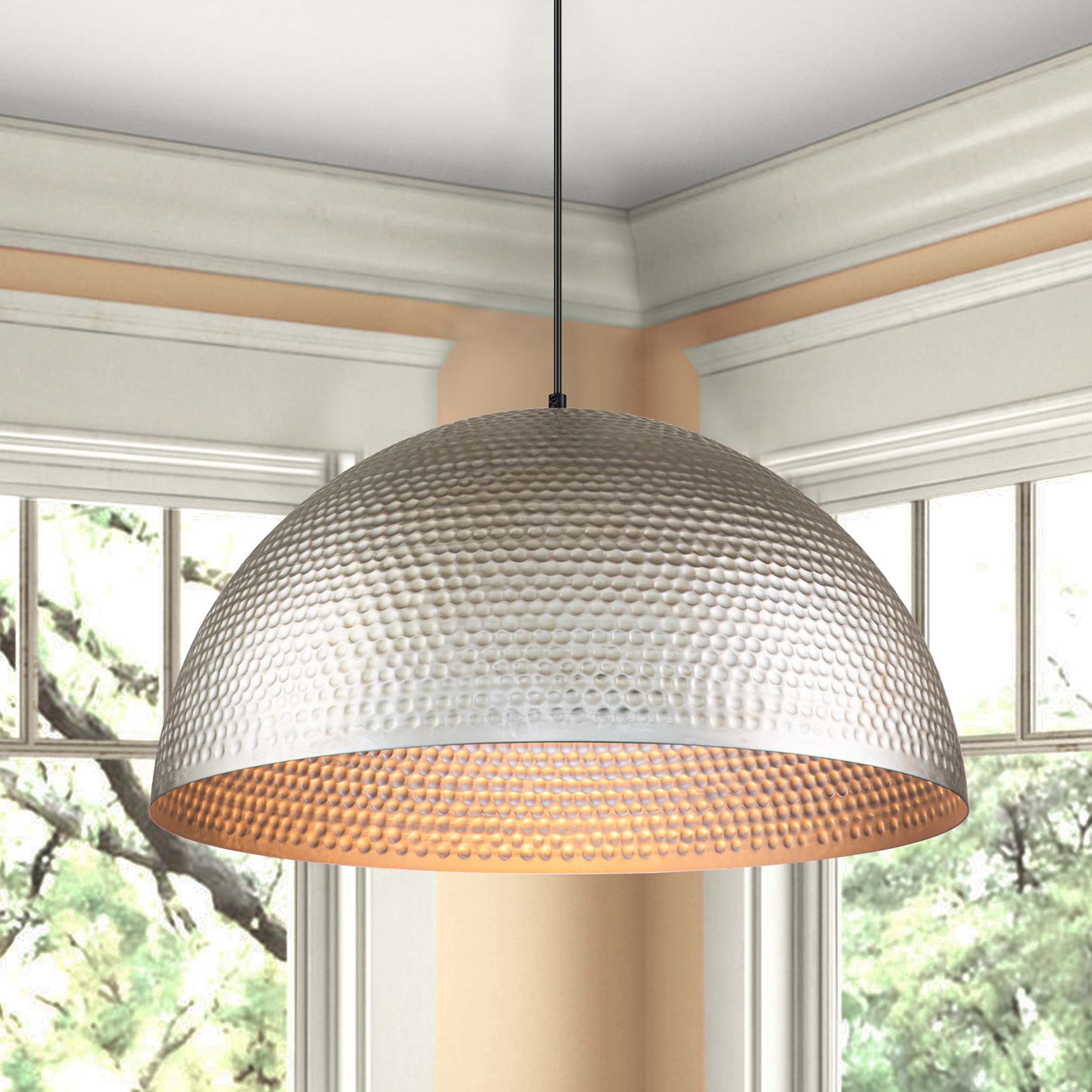 1 Light 24 inches Farmhouse Industrial Large Metal Hammered Antique Silver Oversized Dome Pendant Light 24 D