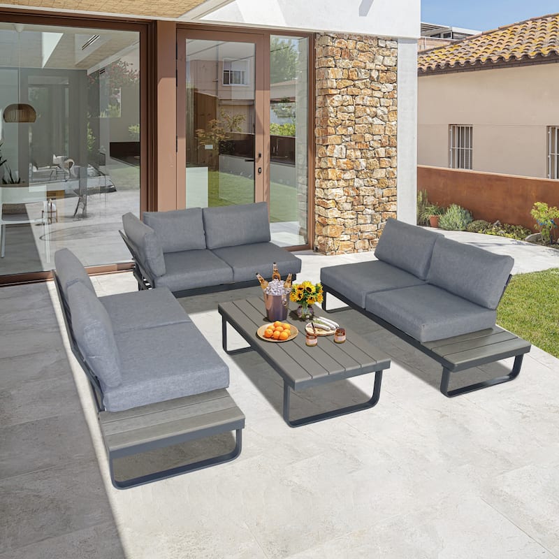 6 Person Outdoor L-Shape Metal Sectional Sofa Set with Cusions and Coffee Table - Sectional+Table