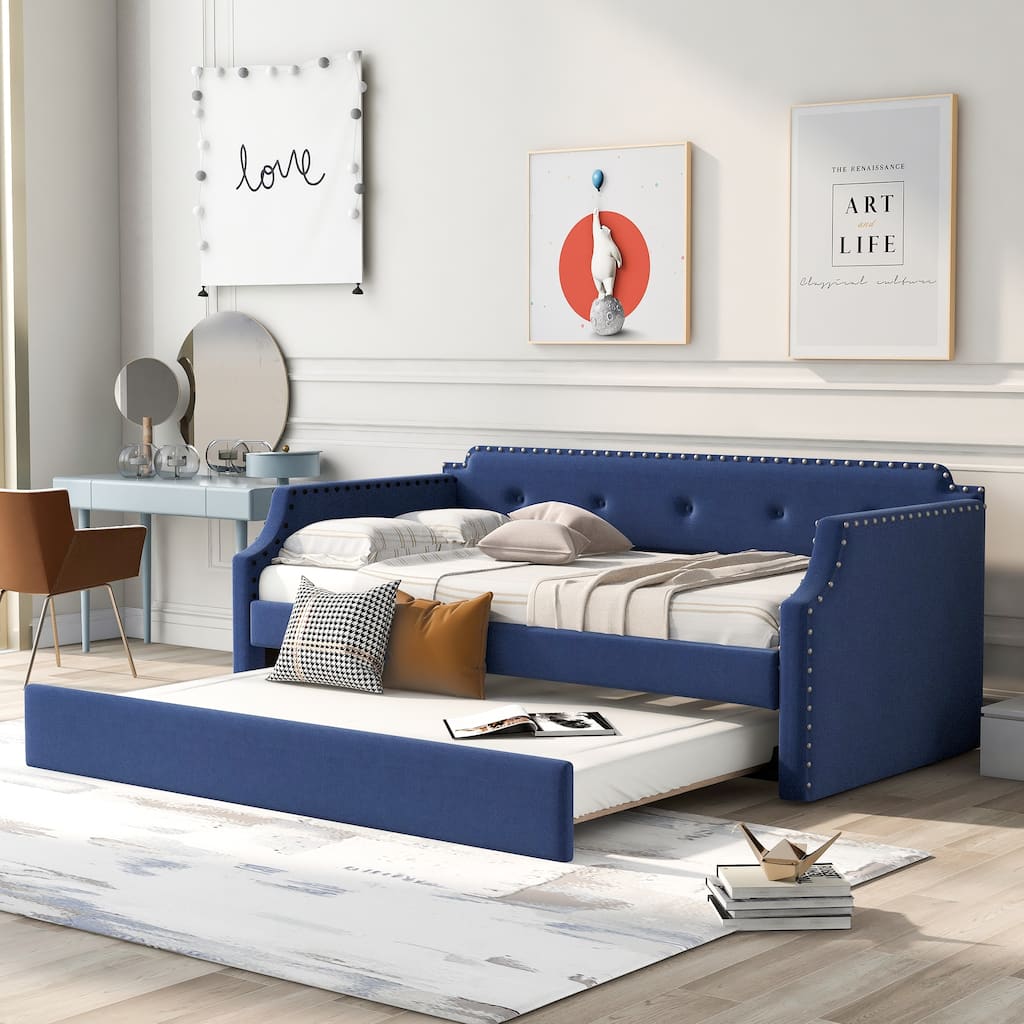 Blue Twin Upholstered Daybed with Trundle, Wood Slat Support, Sofa Bed