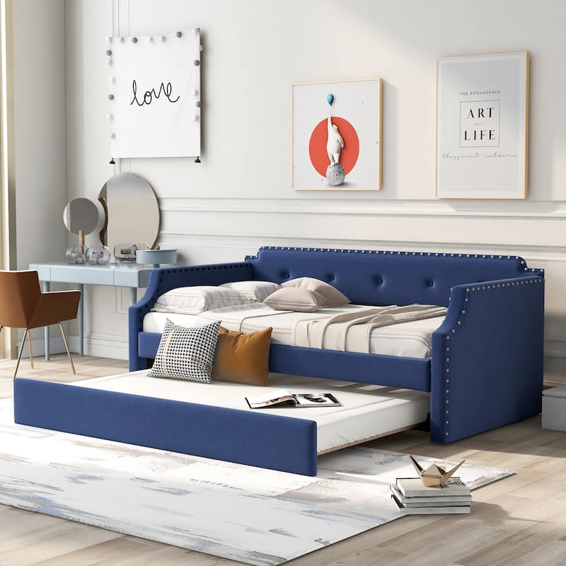 Elegant Daybed with Trundle, Twin Size Upholstered Frame, Multi-Purpose Sofa Bed - Blue - Twin