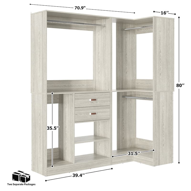 Vryon Set of 2 Corner Closet Organizer, 70.9'' W Closet System with Drawers and Hanging Rods