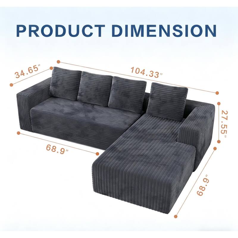 Cloud Sectional Sofa with Right-Facing L-Shape Chaise, Modern Modular Couch with Deep Seat, No Assembly Required