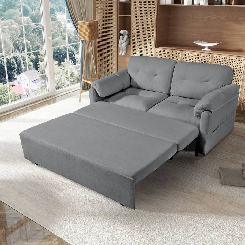 Rustic Sleeper Sofa Couch Loveseat Sofa Couch with Pull-Out Bed, Convertible Couch Sofa Bed with Storage - Grey