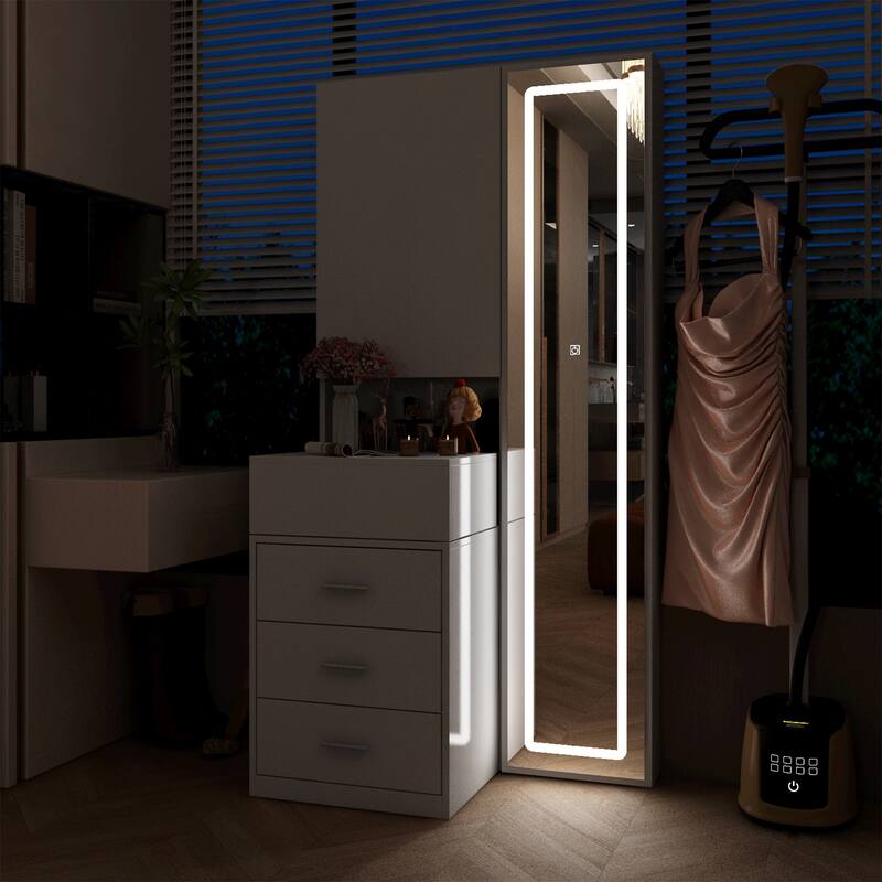 Sleek Storage Dresser with Ambient Mirror Lighting Makup Vanity Table