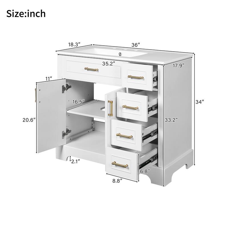 Bathroom Vanity with Ceramic Sink, Bathroom Vanities with Adjustable Shelf, Storage Cabinet with Soft-Close Doors and Drawers