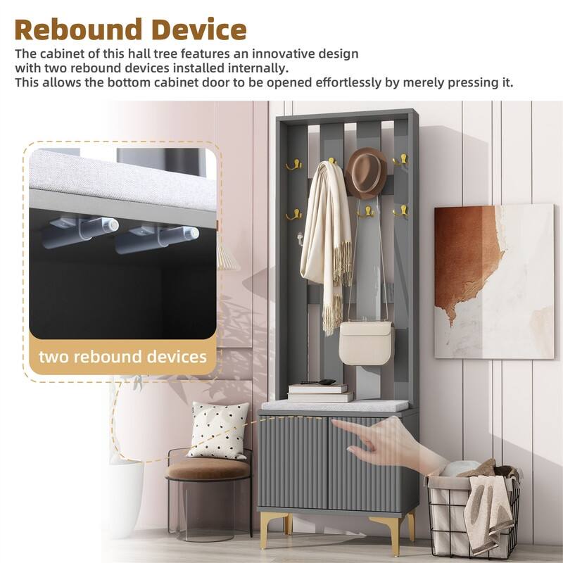 Luxury 4-in-1 Hall Tree with Shoe Bench and Cushion, Versatile Coat Rack with 8 Gold Hooks, Entryway Bench w/ Adjustable Shelves