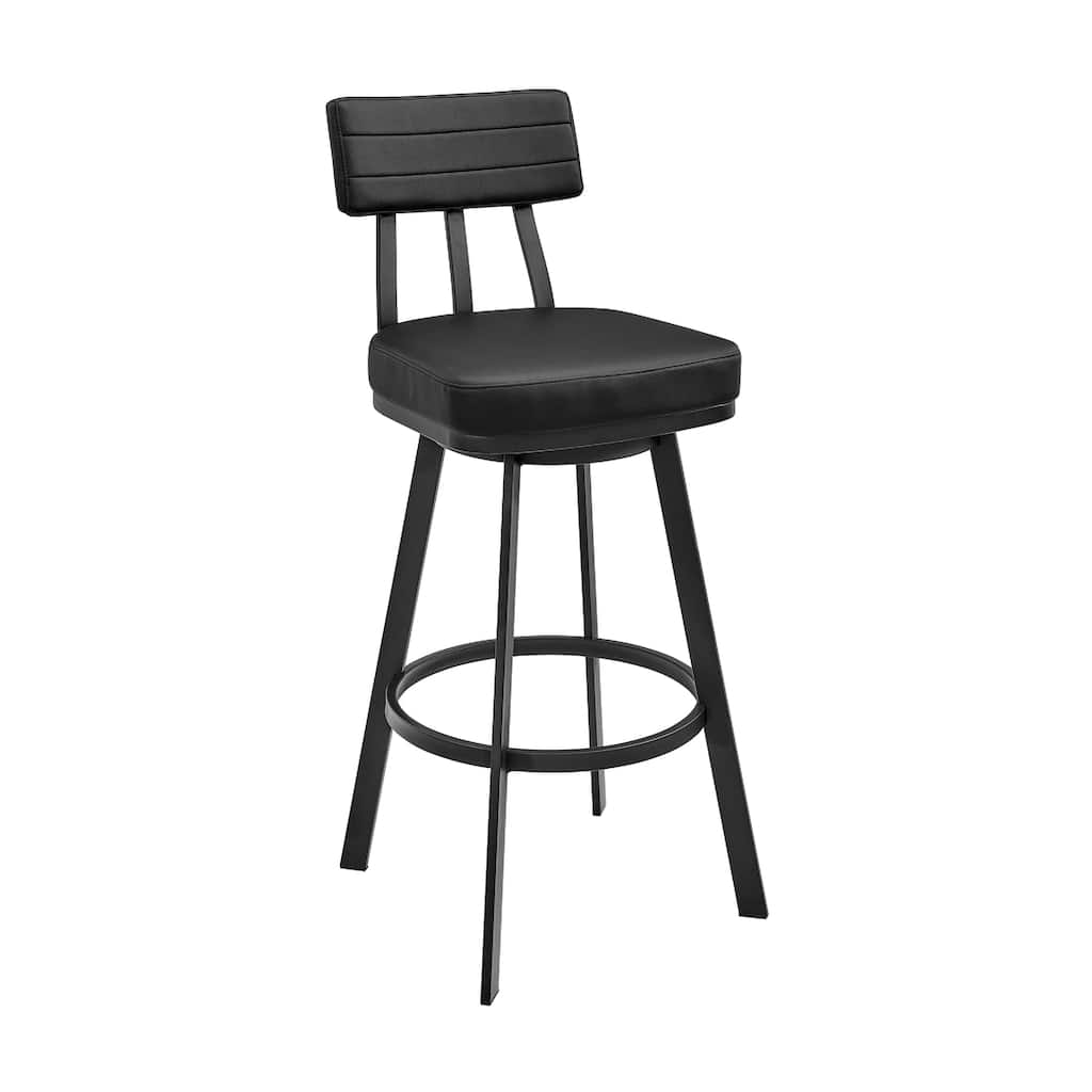 Poni Swivel Barstool Chair, Black Faux Leather, Iron Base