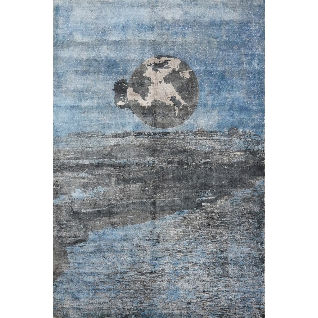 Hand Knotted Oriental Viscose Silk Carpet Modern Pictorial Navy Blue & Blues Abstract Area Rug - 7' 11'' X 5' 11''