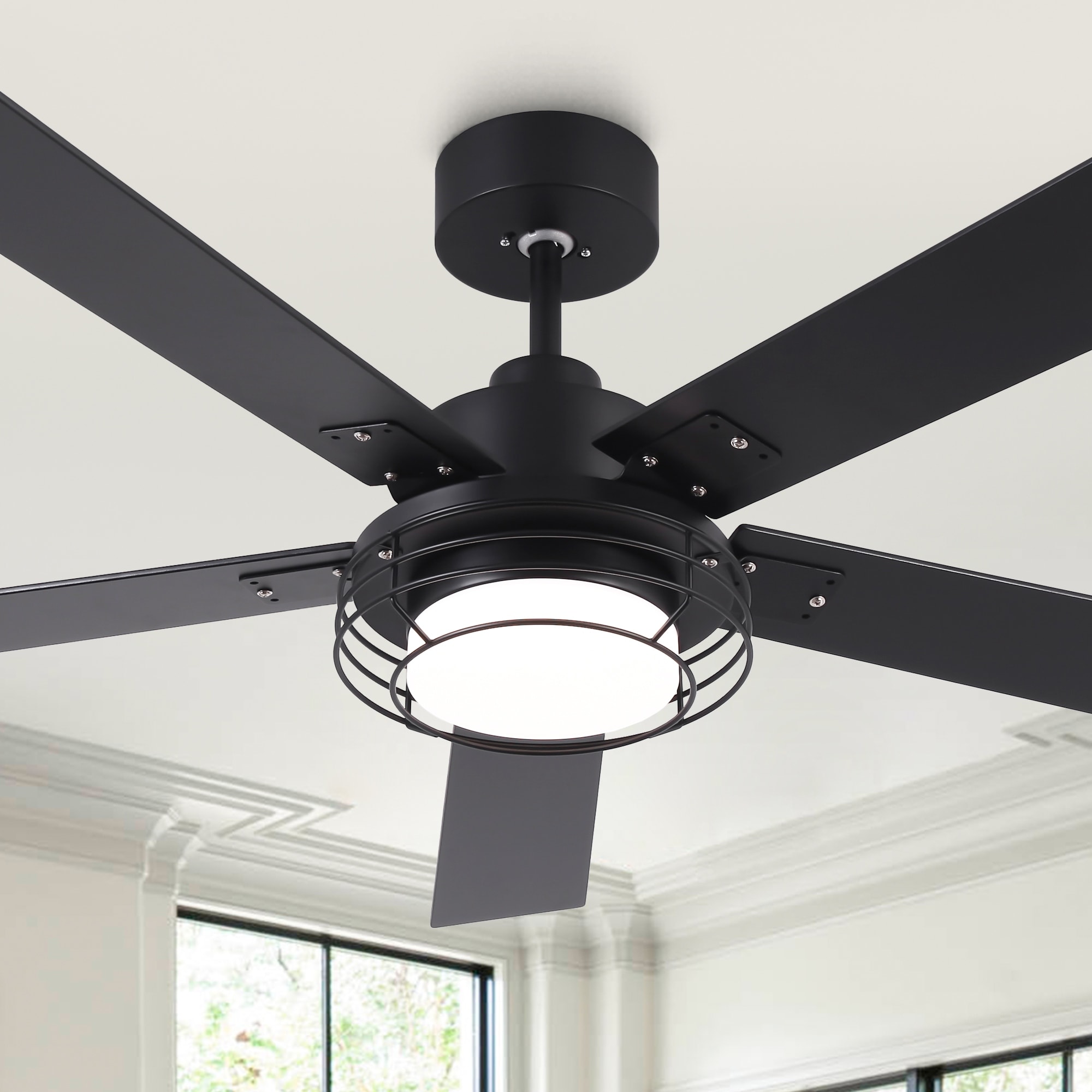 52" Modern Integrated LED Matte Black Dimmable Reversible Ceiling Fan with Light and Remote - 52" D x 52" W x 15.2" H
