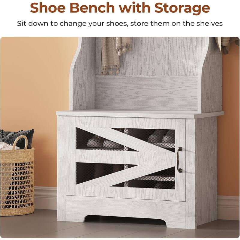 Hall Tree w/ Bench Shoe Storage Shoe Cubby Barn Door Adjustable Shelf