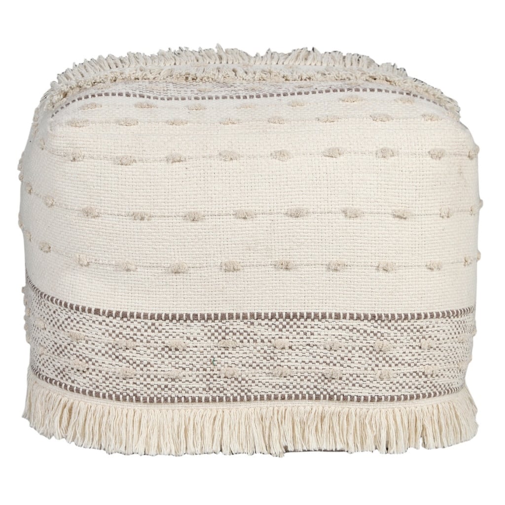 Cream Cotton Pouf Ottoman 18 Inch Striped Square Footrest Seat