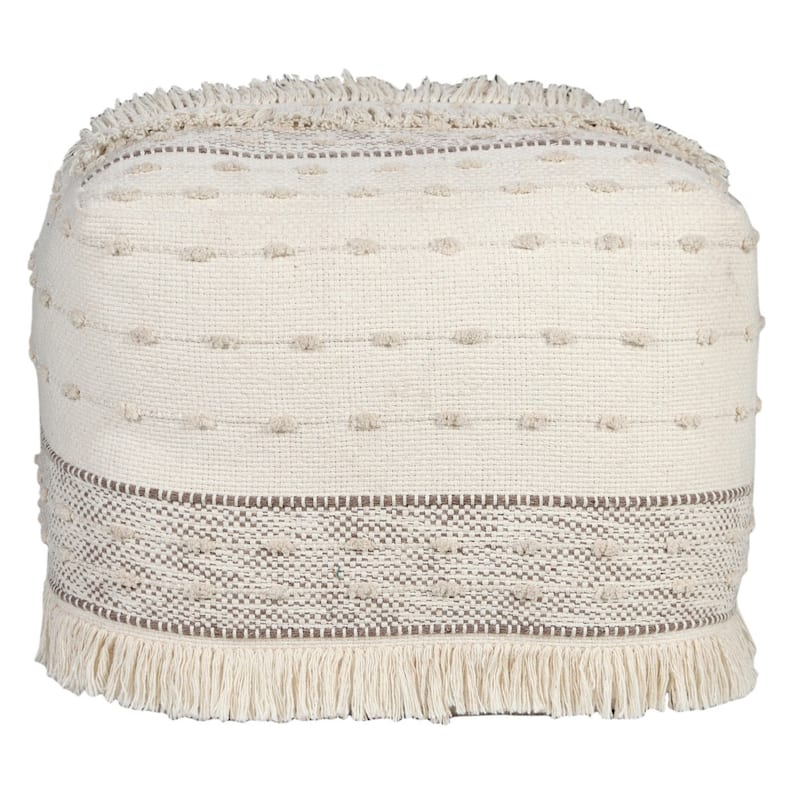 HomeRoots 18" Cream Cotton Striped Pouf Ottoman