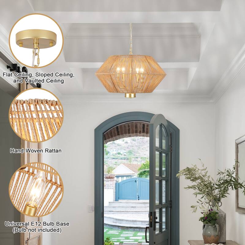 4-Light Dimmable Pendant Light, Paper Rattan Lampshade Candle Chandelier for Living Room with no bulbs included
