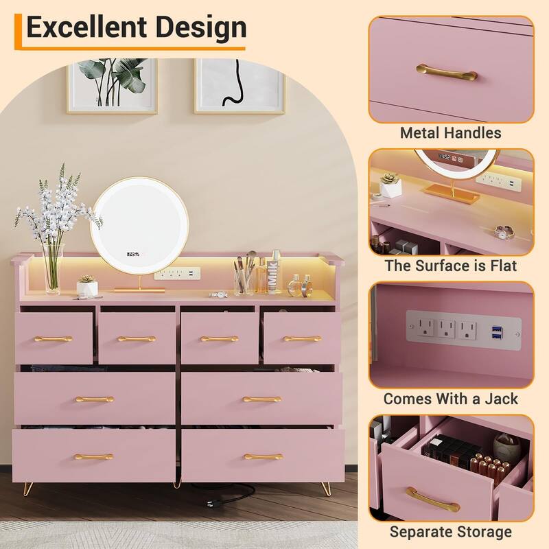 Tall Dresser for Bedroom with Charging Station & RGB Lights - 8 Drawer Wooden