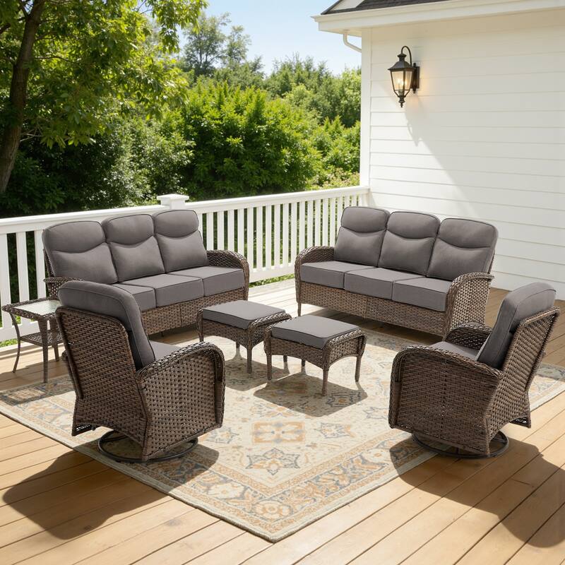 Luna 7-Piece Wicker Patio Conversation Set with Swivel Gliders and 6-Inch Thick Olefin Cushions