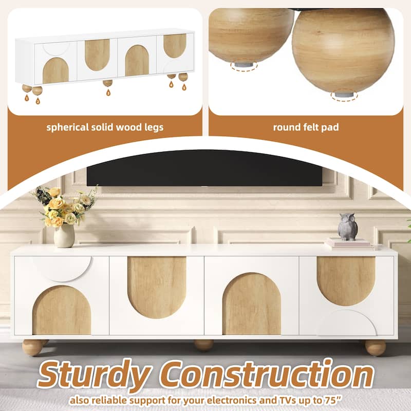 TV Stand with Four Arched Wood-Grain Doors, Geometric Design Media Console, Entertainment Center with Storage Cabinets
