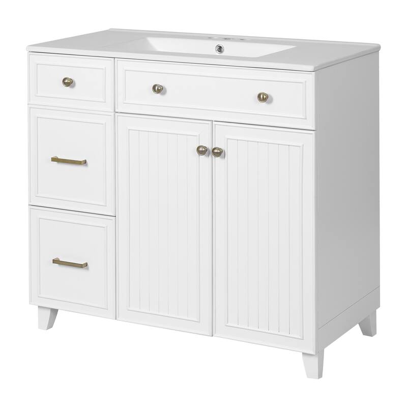 36" Bathroom Vanity with Ceramic Sink, Standard and Double-Layer Drawers, Soft Close Doors, Adjustable Shelves, Storage Cabinet