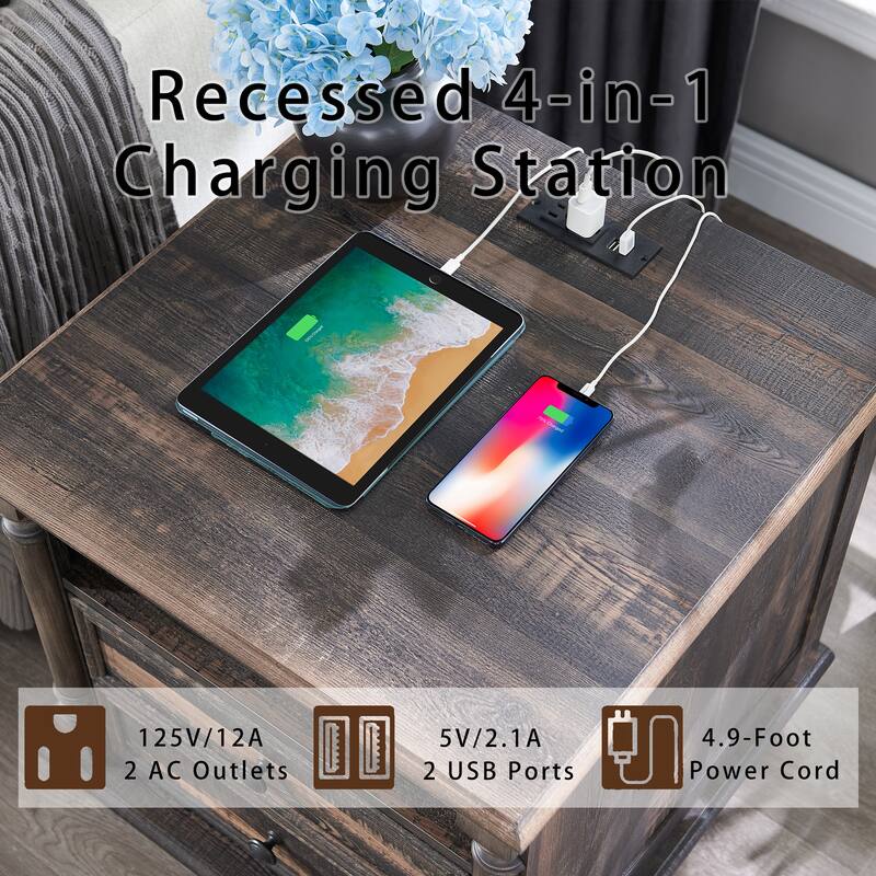 Farmhouse Nightstand Set of 2 with Solid Wood Feet, Charging Station