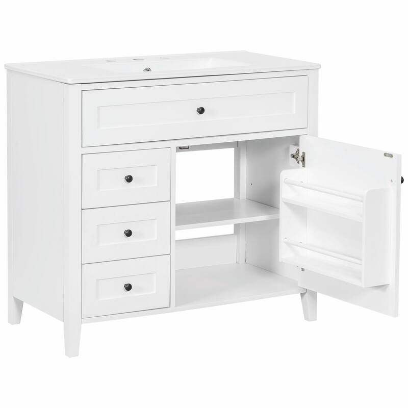 Bathroom Vanity with Sink, Modern MDF and Rubberwood Cabinet with 3 Drawers and Adjustable Shelf