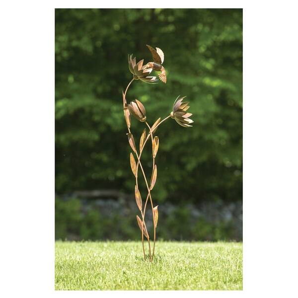 Metal Hummingbird and Flower Garden Stake - Steel Gardening Decor