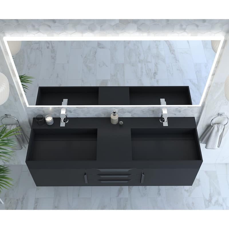 Amazon 60" Wall Mounted Bathroom Vanity Set w/ Black Top
