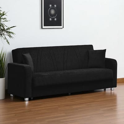HomeRoots 87" Black Chenille Convertible Futon Sleeper Sofa And Toss Pillows With Storage