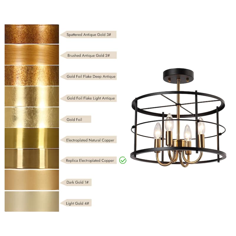 Modern 4-Light Black Gold Drum Semi Flush Mount Foyer Kitchen Ceiling Lights