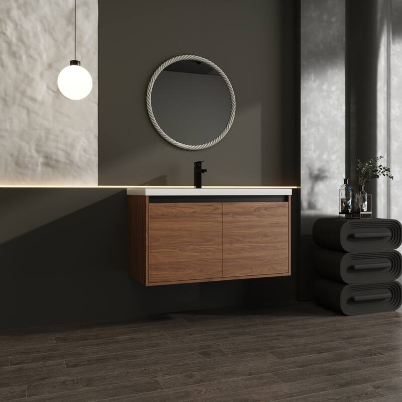 GDFStudio - Levistar Modern Wall-Mounted Bathroom Vanity Set with Scratch-Resistant Resin Sink & Soft Close Doors