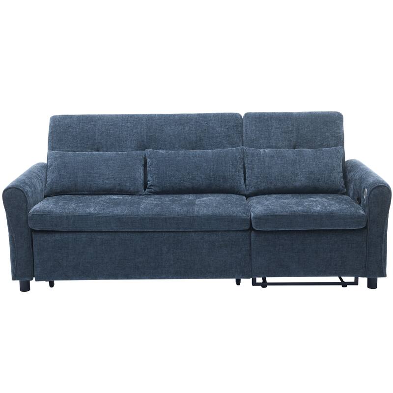82" Chenille 2-in-1 Sofa Bed with Adjustable Backrest, Reversible Chaise, USB Charging Ports