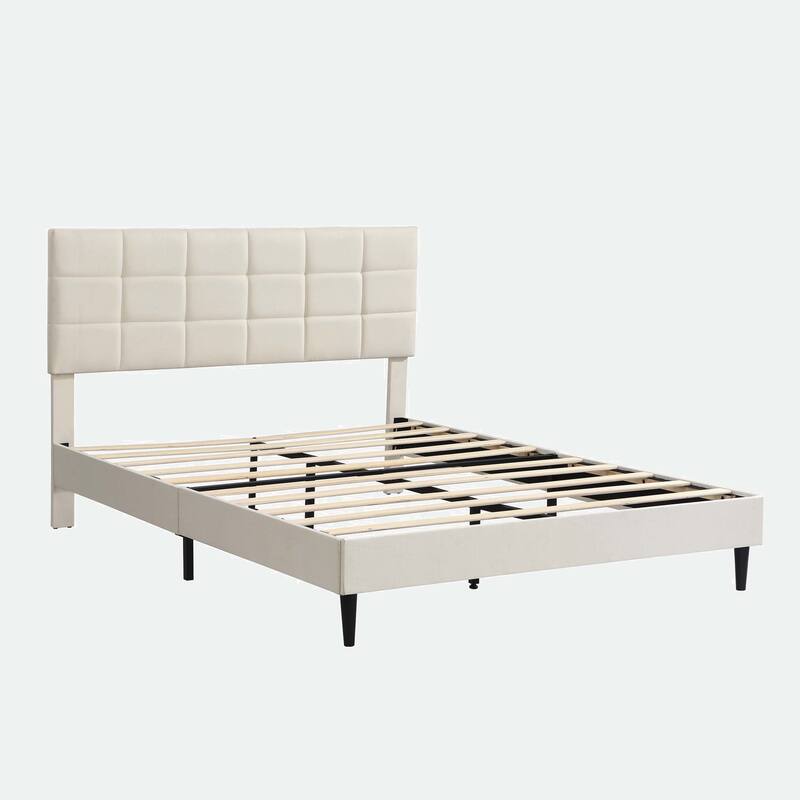 Platform Bed Frame with Fabric Upholstered Headboard and Wooden Slats