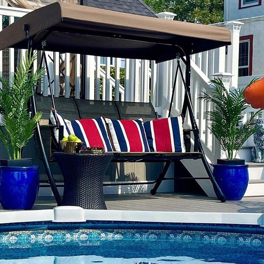 PURPLE LEAF Deluxe Outdoor Patio Porch Swing with Weather Resistant Steel Frame Adjustable Tilt Canopy Beige Bed Bath Beyond 37503530
