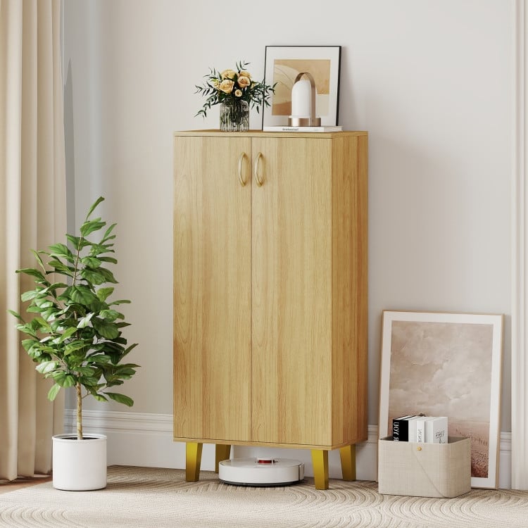 Oak MDF Wooden Shoe Cabinet with Double Doors, Shelves and Storage - 24" x 13" x 48"