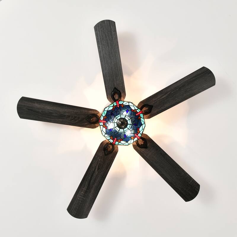 Pluvey 52-Inch Flushmount Lighted Ceiling Fan Blue Red Draginfly Tiffany Glass Lamp Black Finish