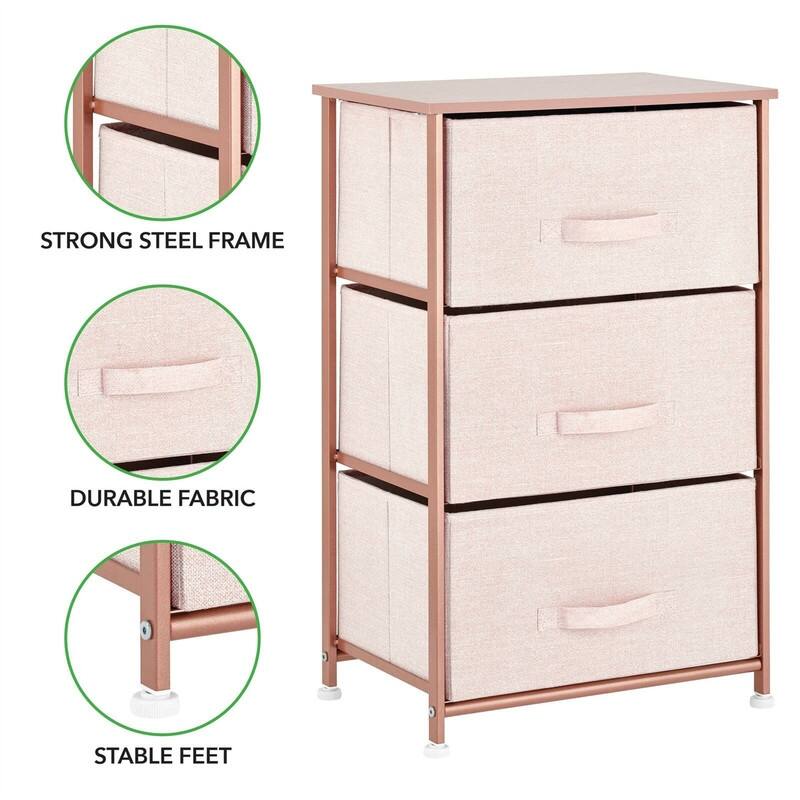 Steel Top and Frame Storage Dresser Tower Unit with 3 Removable Fabric Drawers