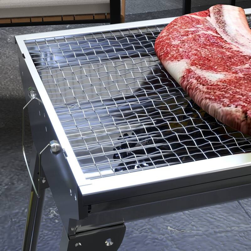 Portable Charcoal Grill Stainless Steel Folding Outdoor BBQ Grill with Pan Grill Rack Hooks, for Backyard Cooking, Camping