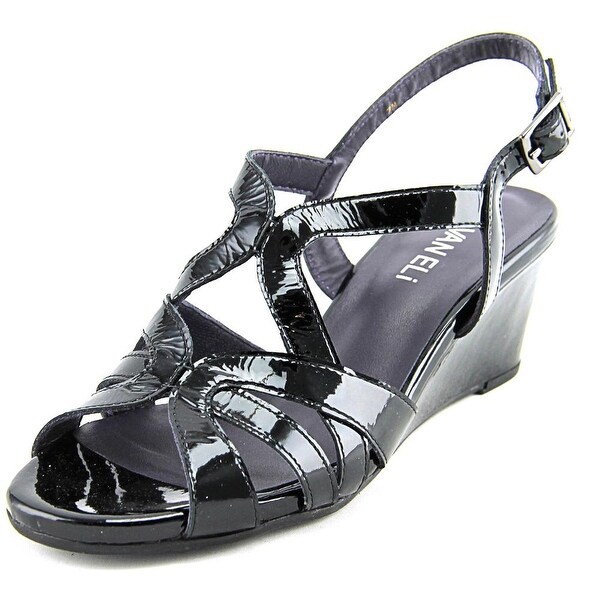 Vaneli Miriam Women Open Toe Patent Leather Black Wedge Sandal