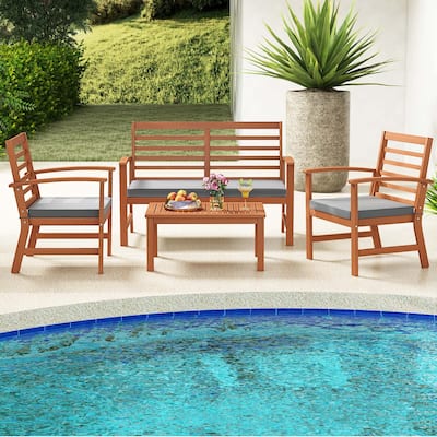 4 PCS Outdoor Furniture Set Stable Wood Conversation Set w/Cushions